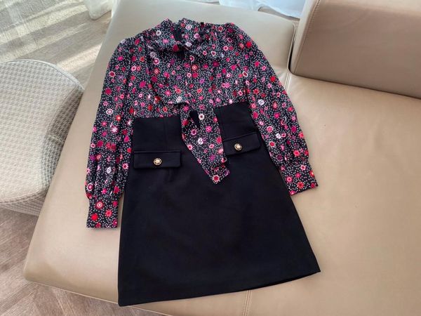 

casual dresses 2021 ladies fashion long sleeve bow tie collar silk print stitching twill waist fake two-piece dress 1225, Black;gray
