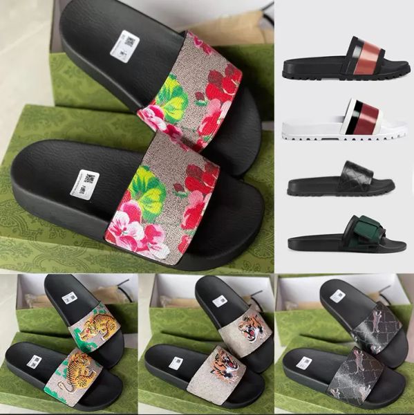 

designer rubber slide sandal floral brocade men slipper gear bottoms flip flops women striped beach causal slipper with box us5116768049, Black