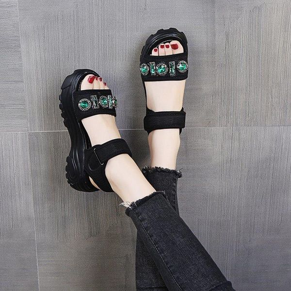 

sandals black platform wedge women thick sole rhinestone summer leisure open toe sport zapatos mujer