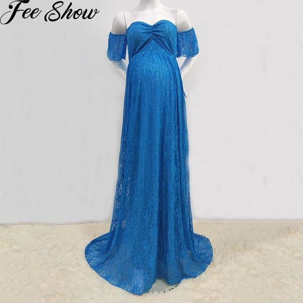 

maternity dresses lace dress pregnant women off shoulder short sleeve maxi gown wedding po shoot pography props clothes, White