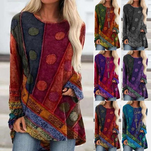 

women's t-shirt retro ethnic print patchwork women t-shirts autumn long sleeve tees for o necktunic pullover tshirt, White
