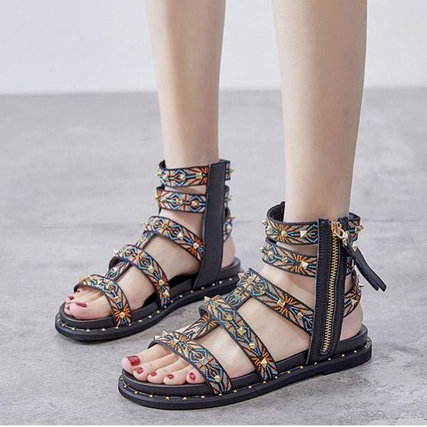 

sandals women 2021 fashion retro bohemian rivet summer boots casual comfortable all-aatch roman flat, Black