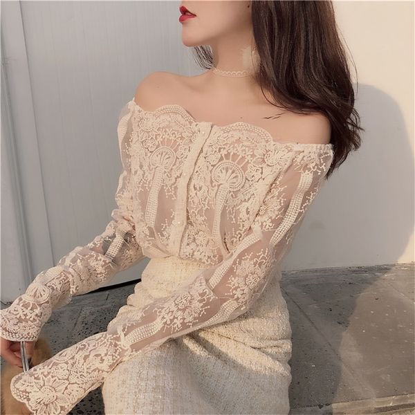 

new arrivals ladies fashion lacework slash neck strapless sling chic pullover slim blouse shirt women lace long sleeves 210225, White