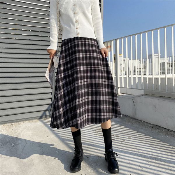

new 2021 a line plaid midi women vintage spring skirt office lady high waist girls skirts autumn xcmr, Black