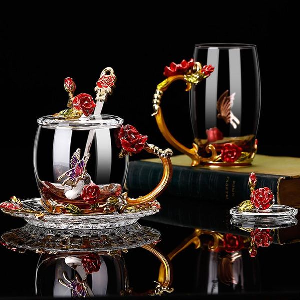 

mugs creative enamel butterfly flower rose glass tea cup household heat resistant water female milk mug office gift
