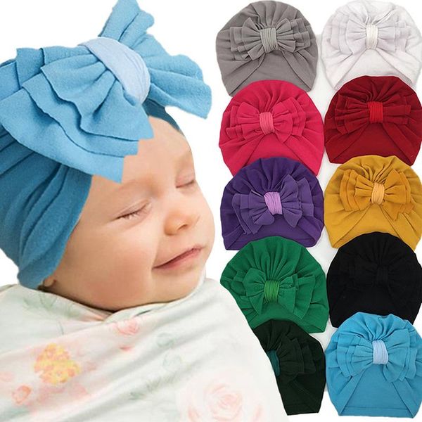

caps & hats solid color big bowknot baby hat soft elastic born toddler beanies cap autumn winter warm infant girl boy head wrap bonnet, Yellow
