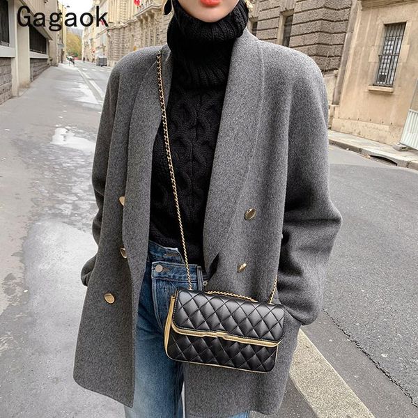 

women's wool & blends gagaok office lady women 2021 spring autumn lapel solid double breasted loose casual simple korean fashion coats, Black