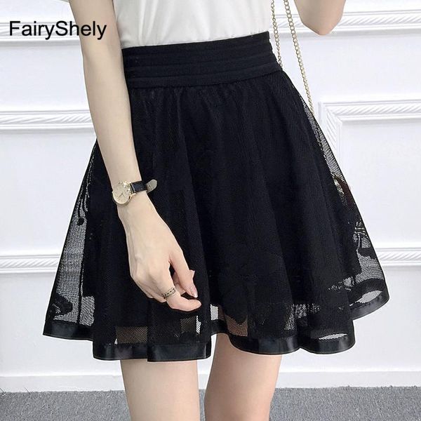 

skirts 2021 pleated mesh short skirt women summer elastic band floral tulle high waist lace lady black flare tutu ball gown
