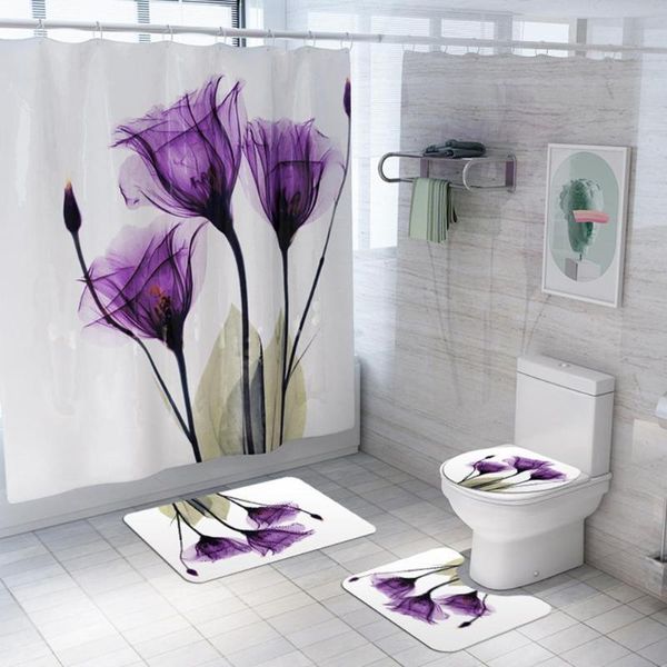 

shower curtains beautiful purple flowers printing curtain floor mat toilet seat cover foot pad waterproof polyester pvc set