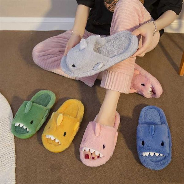 

winter cartoon shark couple slippers designer home ladies plush slippers outdoor flat-bottomed comfortable fashion slippers 211124, Black