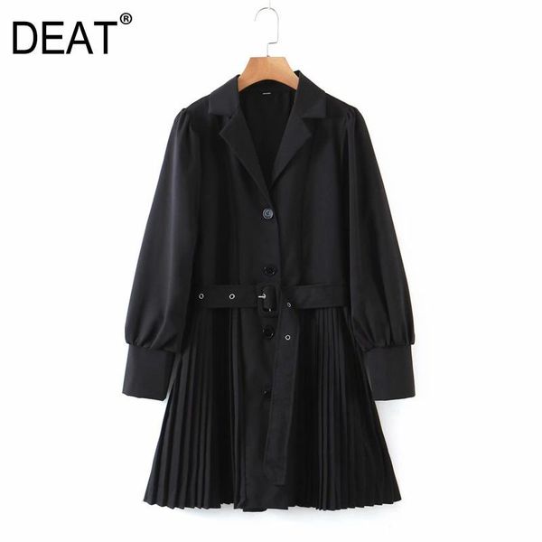 

casual dresses [deat] 2021 spring fashion tide women turn-down collar high waist puff sleeve sashes solid color temperament dress 13w129, Black;gray