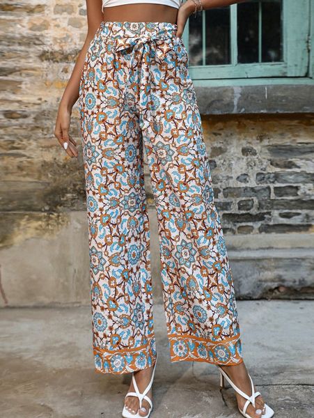 

allover floral print belted wide leg pants u8e5#, Black;white