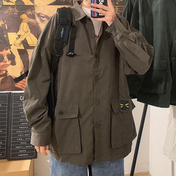 

2021 spring and autumn new youth popular men's loose solid color thin patch pocket jacket fashion casual single-breasted top, Black;brown