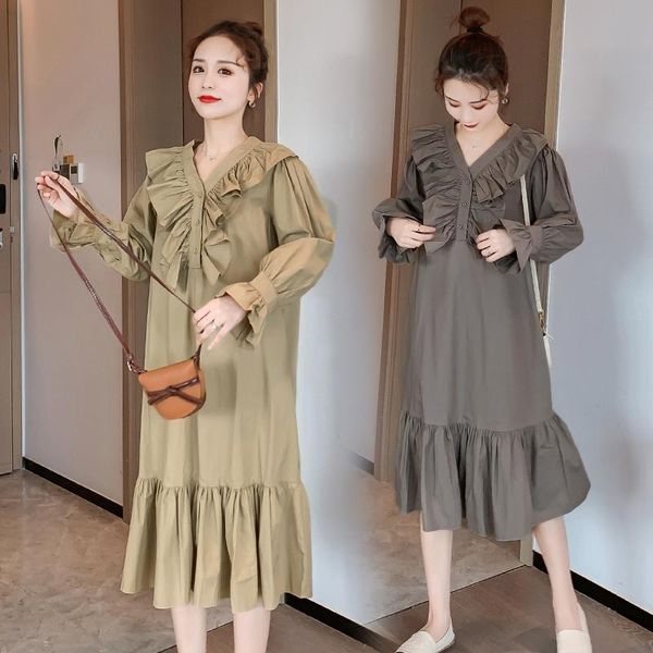 

maternity dresses 8728# clothes spring autumn long sleeve mid-long loose stylish dress for pregnant women mom, White