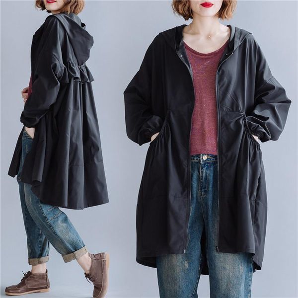 

women's trench coats 2021 big size 4xl spring autumn long coat women fashion hooded waistcoat ladies female plus large windbreaker m48, Tan;black