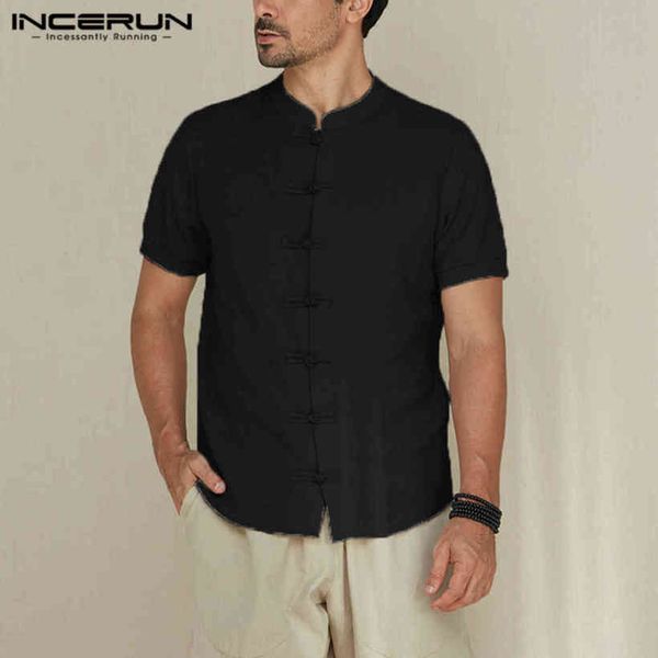 

incerun summer effects colour men's shirts vintage stand collar blouse man chinese style buttons chemise leisure comfy 5xl, White;black