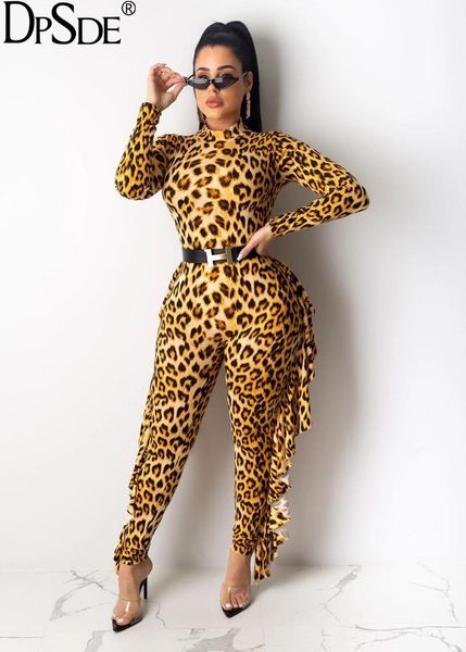 

women's jumpsuits & rompers dpsde leopard grain falbala women long jumpsuit high collar full sleeve catsuit autumn casual streetwear, Black;white