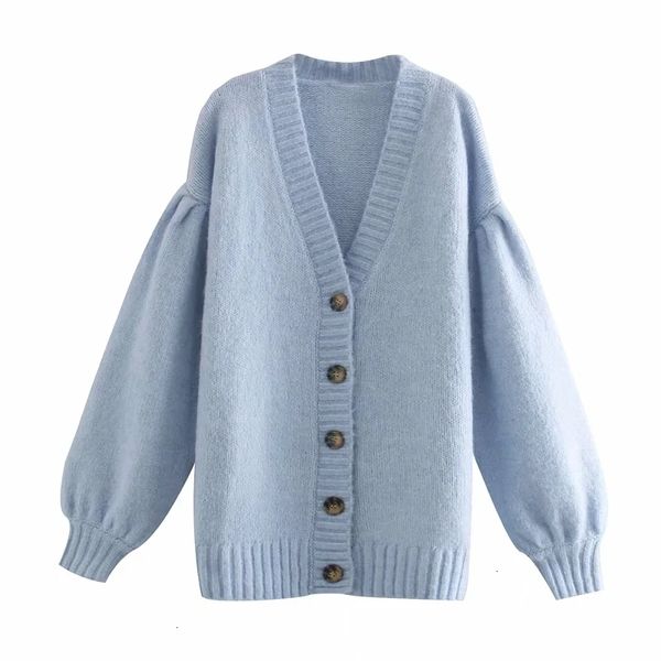

new blue 2021 oversized knitted cardigan sweater women autumn winter fashion ribbed v neck long puff sleeve cute cardigans b0dw 7sm0, White;black