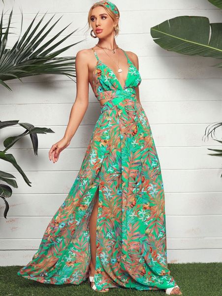 

plunging neck crisscross tie back split tropical print maxi dress z6lp#, Black;gray