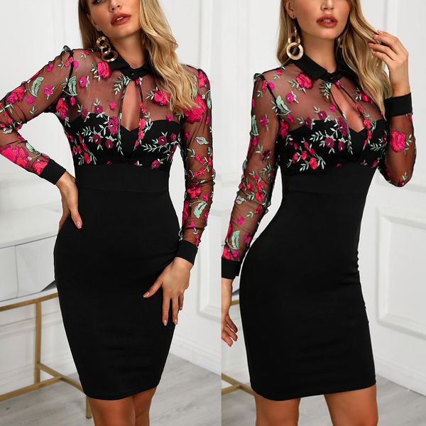 

ormal women's dresses slim dress fashion women sheer mesh dress floral embroidery dress patchwork 2dmi, Black