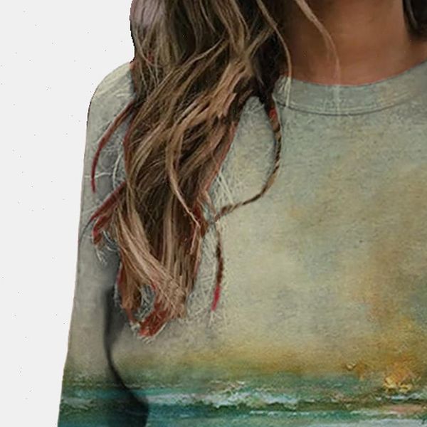 

vintage blouse women 2021 women landscape print o neck long sleeves causal loose blouse blusas mujer de moda 2021 verano, White