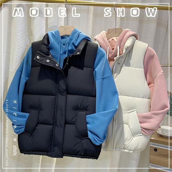 

women's vests women stand collar sleeveless short coat female thicken jacket waistcoat ladies autumn winter solid color padded a218, Black;white