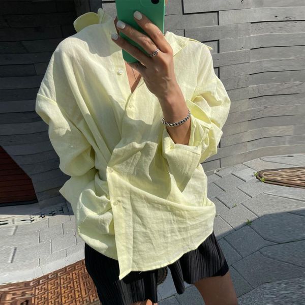 

women's blouses & shirts casual cotton women yellow 2021 summer blue pink long sleeve loose single-breasted female thin, White