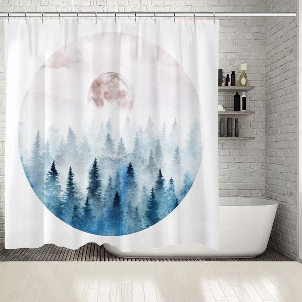 

shower curtains curtain landscape in a circle with foggy forest and rising moon watercolor artwork blue beige white