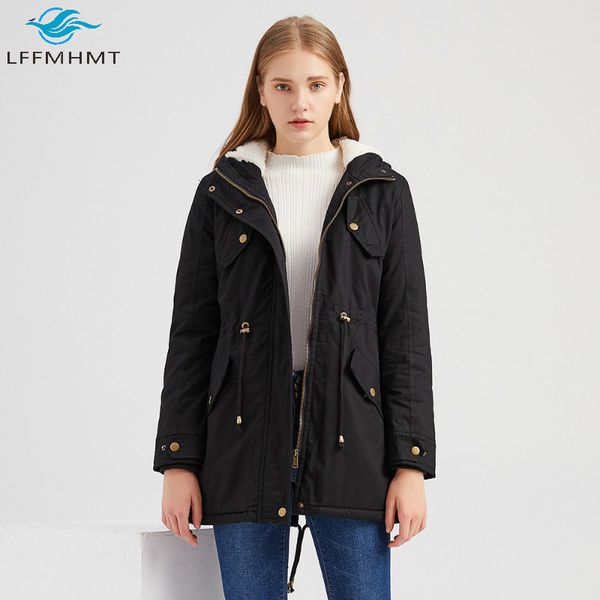 

2021 New Parka Winter Fall Solid Color Fleece Lining Thick Warm Coat Lady Casual Multi Pockets Drawstring Jacket Female Hooded Top Jnuc, Black