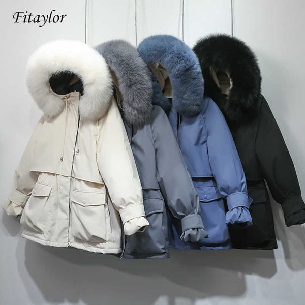 

fitaylor winter jacket women large natural fox fur white duck down coat thick parkas warm sash tie up zipper down snow outerwear v191209, Black