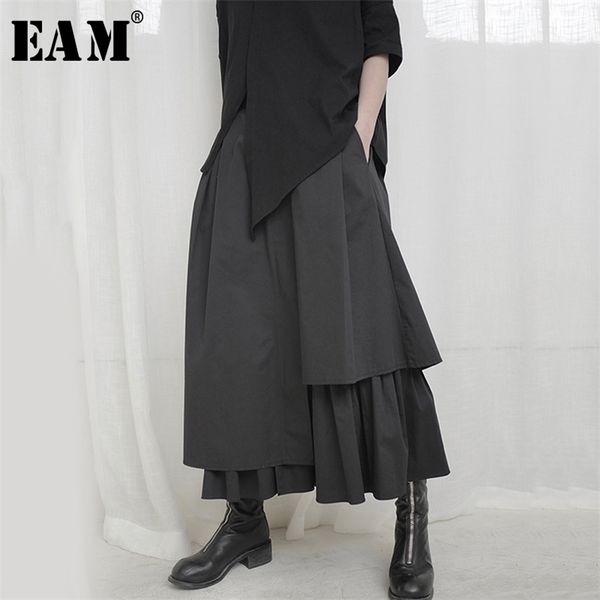 

[eam] high elastic waist black asymmetrical pleated temperament half-body skirt women fashion tide new spring autumn 1s664 210310