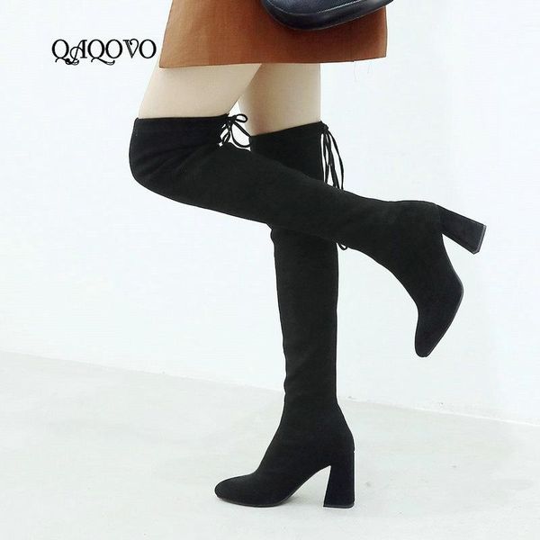 

boots women shoes over the knee stretch flock square high heel thigh laceing autumn winter fashion long big size 43, Black
