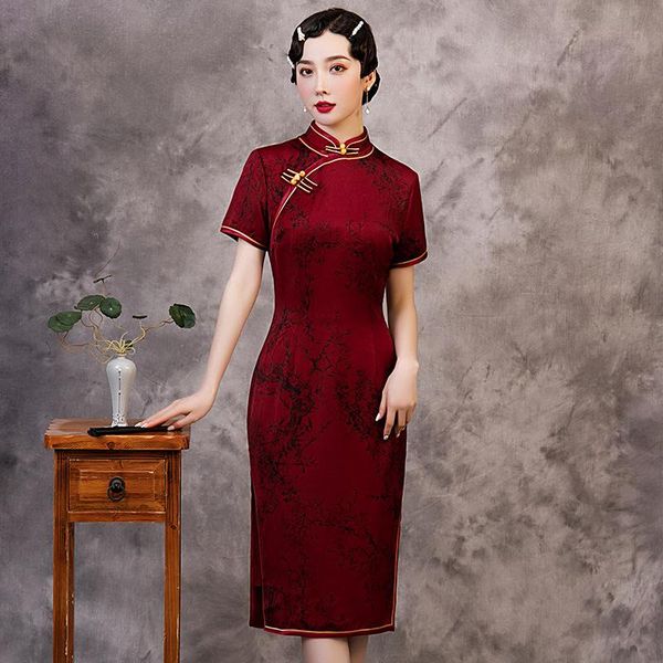 

ethnic clothing oversize 3xl chinese style qipao solid color cheongsam satin evening party dress gown 2021 mandarin collar vestidos, Red