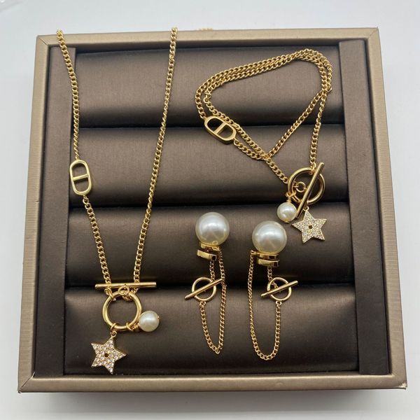 

dijia / d new pearl cd letter star double layer bracelet long tassel diamond fashion earrings, Silver