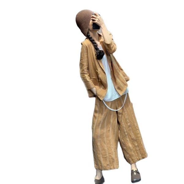 

women's two piece pants summer vintage plate buttons linen lapel small suit jacket jacquard temperament wild wide-leg, White
