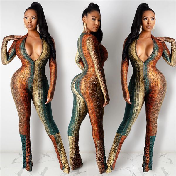 

tie-dyeing print stacked jumpsuits women deep v-neck full sleeve bandage romper elegant zipper up ruched bodysuit, White