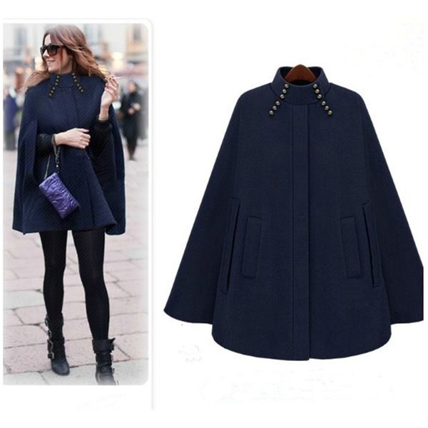 

dark blue cape coatwinter cashmere swing jacket poncho style mid long women's coat outerwear cloak coat loose cape women's windbre, Black