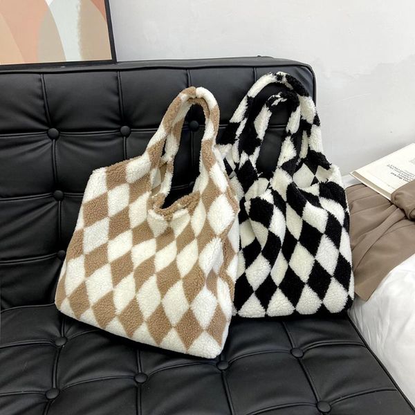 

evening bags rhombus print faux fur soft plush shoulder bag for women 2021 shopping female large capacity tote winter fluffy handbag
