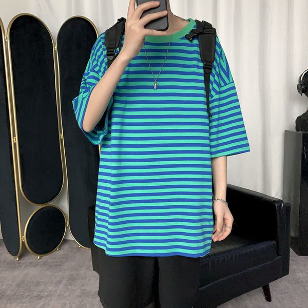 

2021 new summer cotton t-shirt men's fashion casual striped t shirt men streetwear korean loose short-sleeved tshirt mens s-5xl eqz3, White;black