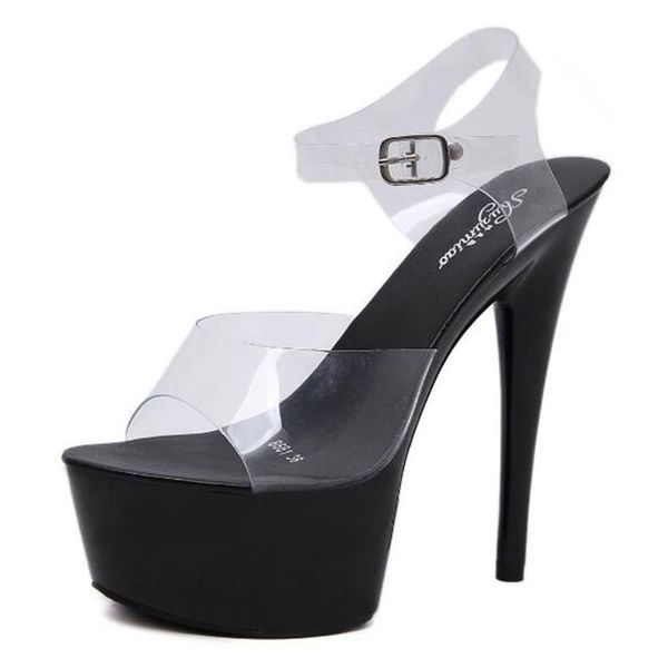 

2021 concise fashion pvc woman sandals transparent sandals buckle 15cm thin high heels open toed waterproof platform women shoes, Black