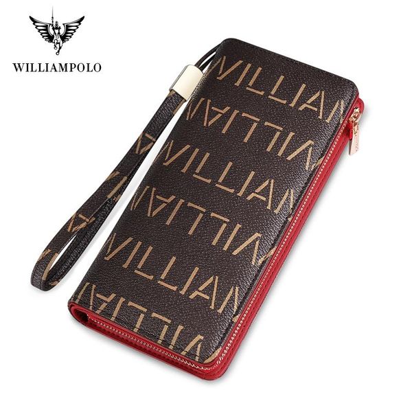 

wallets williampolo 2021 women clutch leather wallet female long zipper purse strap money bag for iphone 191447, Red;black