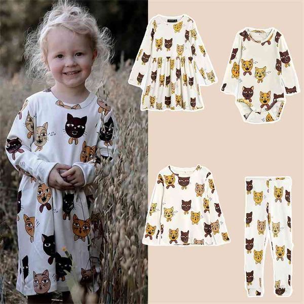 

ins autumn new mini series cat all over print long sleeve leggings jumpsuit girls dress, Red;yellow