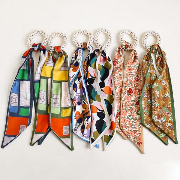 

scarf printed silk hair loop bow pearl hair rope french streamer headband women's horsetail q4087, Blue;gray