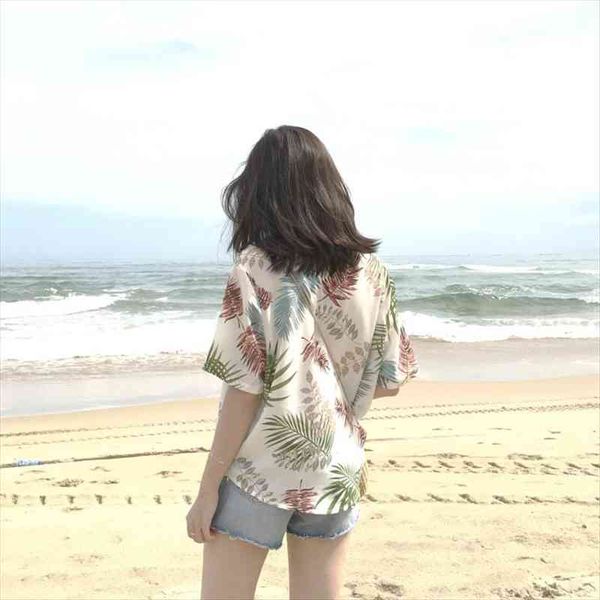 

chiffon hawaiian leaf print womens shirt floral short sleeve casual  blouses female ladies summer loose top, White