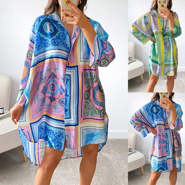 

casual dresses 2021 summer long sleeve shirt dress for women v neck y2k print blue loose beach party green verano sundress, Black;gray