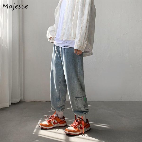 

men jeans spring ins vintage collage student denim trousers ankle-length bundle adjusted all-match streetwear loose oversize 3xl, Blue