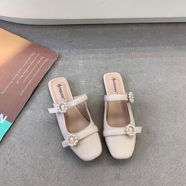 

slippers ladies muller shoes comfortable and versatile simple beaded color matching leather sandals flip flops flat heel, Black