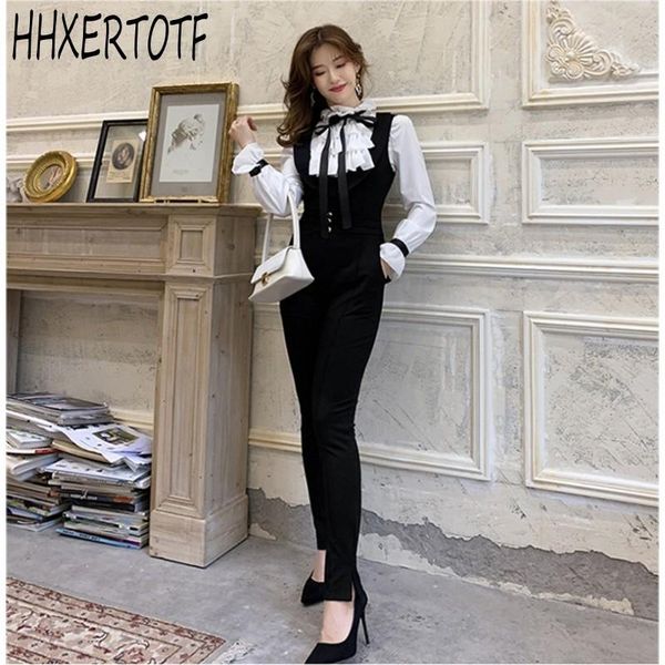 

two piece dress 2021 spring ruffled bow commuter shirt + women's pants high waist jumpsuit, White