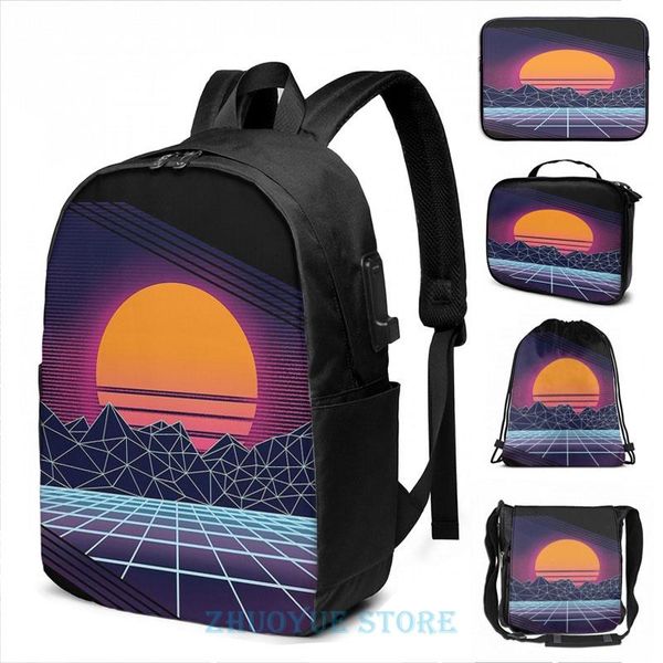 

backpack funny graphic print outrun sunset usb charge men school bags women bag travel laptop