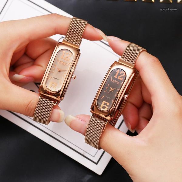 

wristwatches luxury square women watches ccq magnetic buckle fashion rose gold quartz women's clock wristwatch ladies watch, Slivery;brown